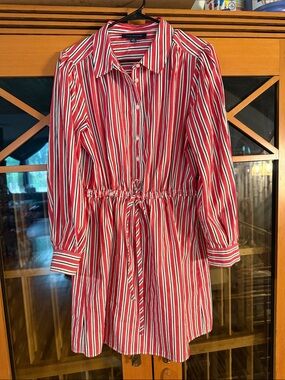 Tommy Hilfiger Red, White & Navy Striped Drawstring Shirt Dress